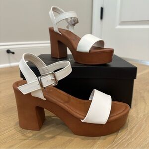 Nicole Miller Brown White Platform Heels Sandals Womens size 7.5 Casual Summer